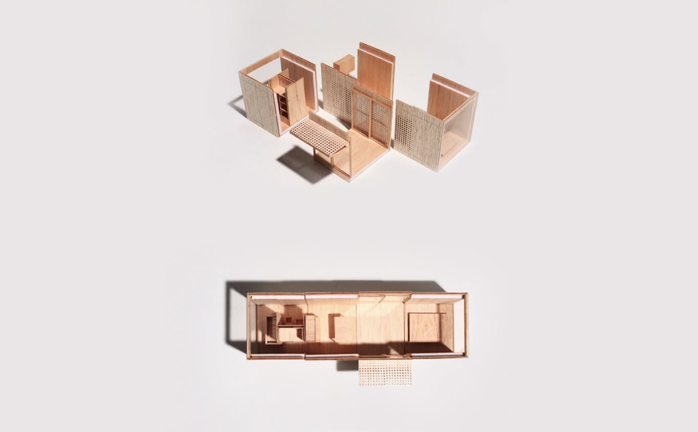 Modello architettonico aperto e vista in pianta del modulo