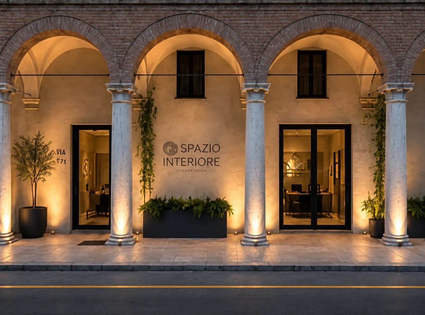 La facciata completa di Spazio Interiore a Ferrara: entrambe le vetrine sotto il porticato illuminato